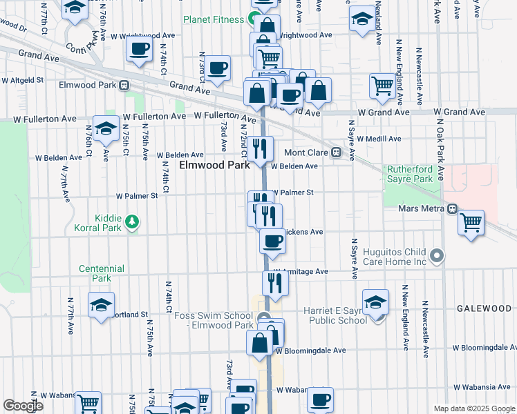 map of restaurants, bars, coffee shops, grocery stores, and more near 2123 North 72nd Court in Elmwood Park