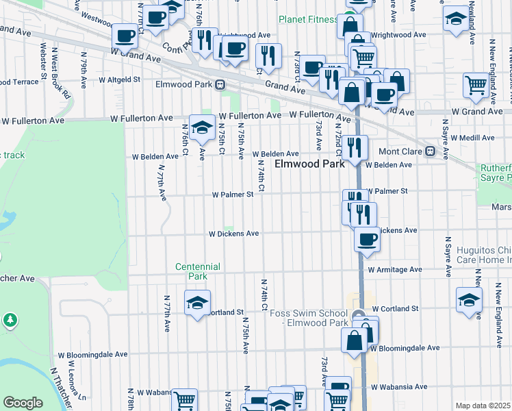 map of restaurants, bars, coffee shops, grocery stores, and more near 2127 North 75th Avenue in Chicago