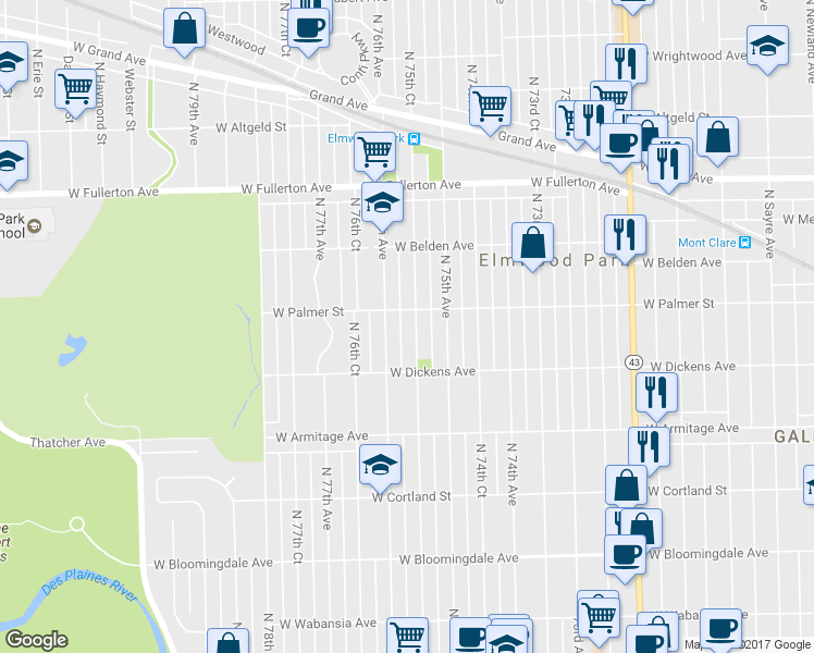 map of restaurants, bars, coffee shops, grocery stores, and more near 2131 North 75th Court in Elmwood Park