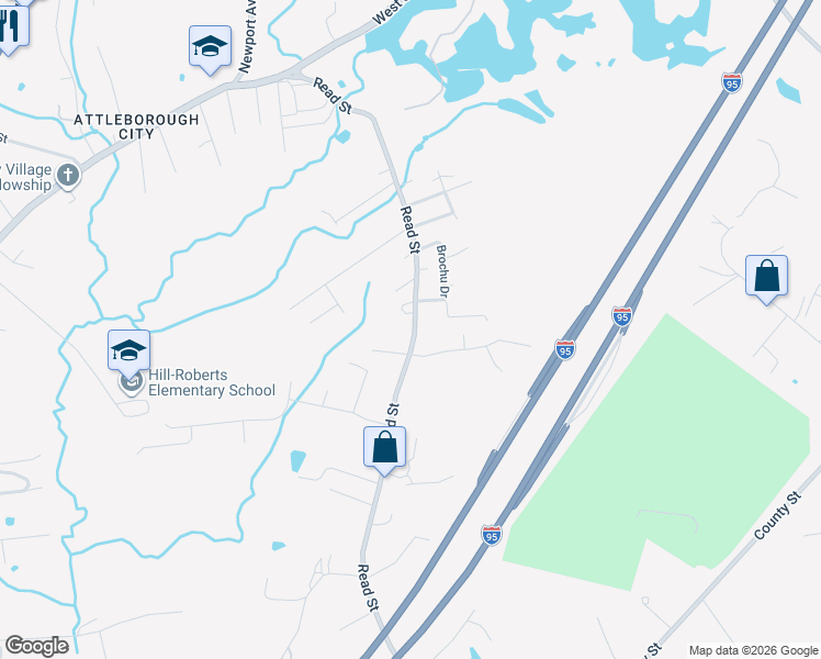 map of restaurants, bars, coffee shops, grocery stores, and more near 257 Read Street in Attleboro