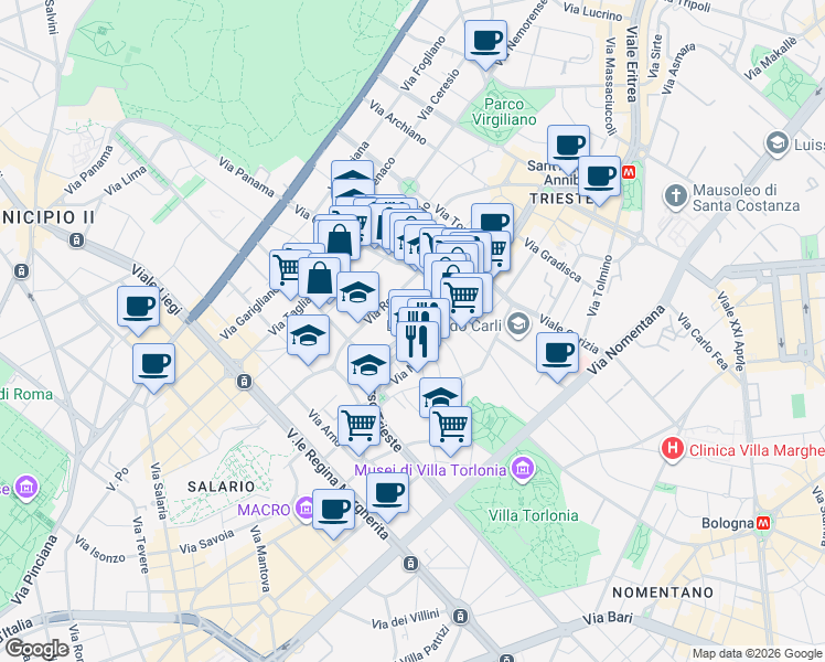 map of restaurants, bars, coffee shops, grocery stores, and more near 59 Corso Trieste in Roma