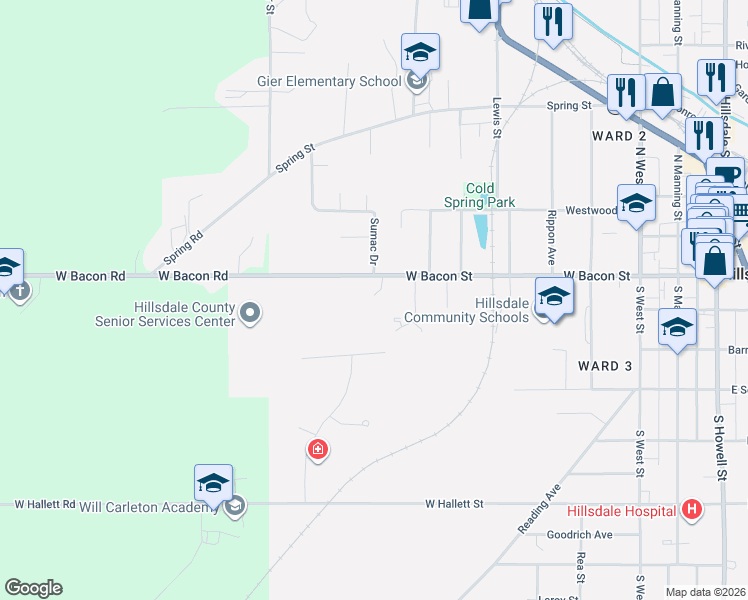map of restaurants, bars, coffee shops, grocery stores, and more near 210 West Bacon Street in Hillsdale