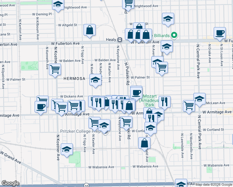 map of restaurants, bars, coffee shops, grocery stores, and more near 2101 North Keystone Avenue in Chicago