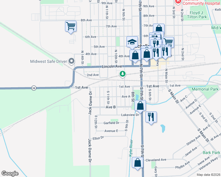 map of restaurants, bars, coffee shops, grocery stores, and more near 109 South 11th Street in Rochelle