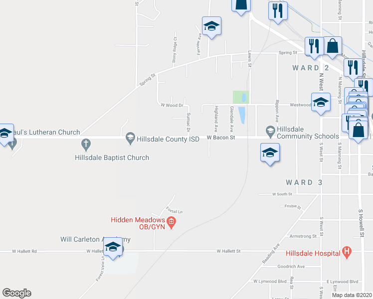 map of restaurants, bars, coffee shops, grocery stores, and more near 210 West Bacon Street in Hillsdale