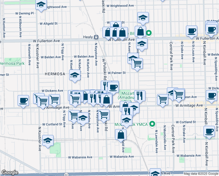 map of restaurants, bars, coffee shops, grocery stores, and more near 3944 West Dickens Avenue in Chicago