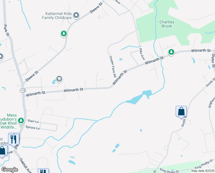 map of restaurants, bars, coffee shops, grocery stores, and more near 292 Wilmarth Street in Attleboro