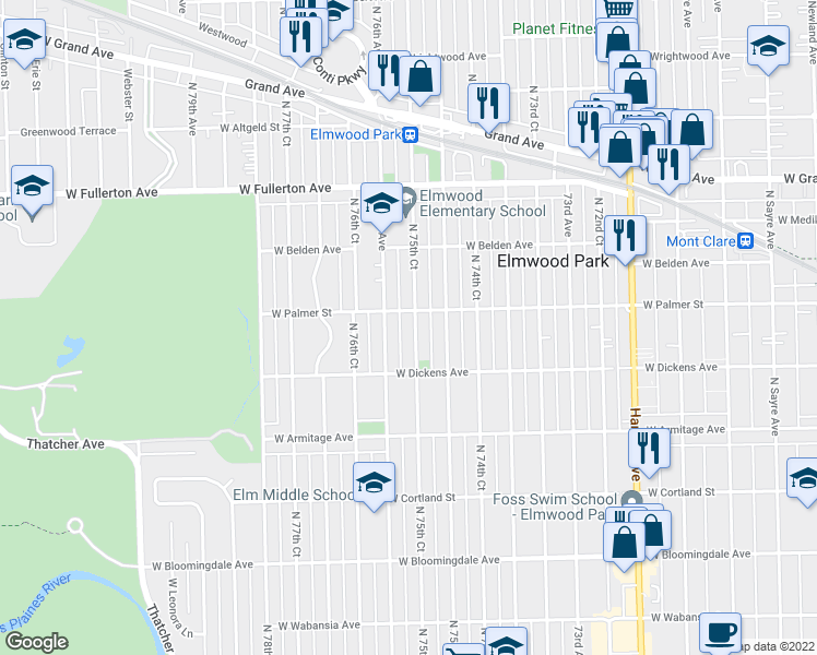 map of restaurants, bars, coffee shops, grocery stores, and more near 2136 North 75th Court in Elmwood Park
