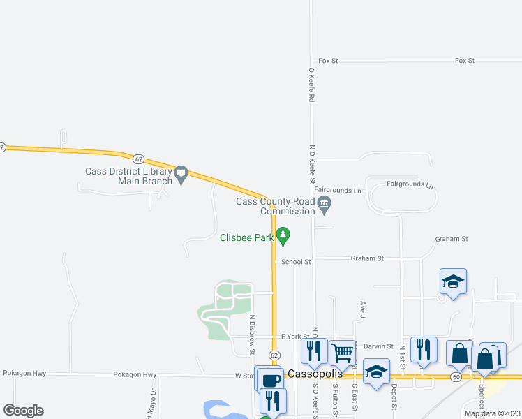 map of restaurants, bars, coffee shops, grocery stores, and more near 505 North Broadway Street in Cassopolis