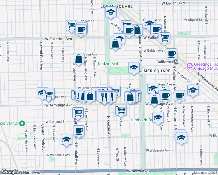 map of restaurants, bars, coffee shops, grocery stores, and more near N Kedzie Ave & W Dickens Ave in Chicago
