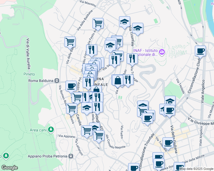 map of restaurants, bars, coffee shops, grocery stores, and more near 101-151 Viale Tito Livio in Rome