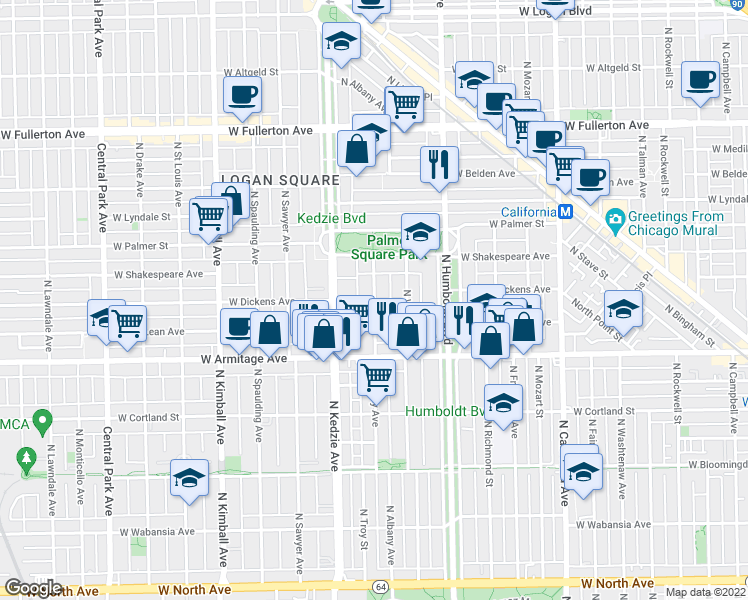 map of restaurants, bars, coffee shops, grocery stores, and more near W Dickens Ave & N Albany Ave in Chicago