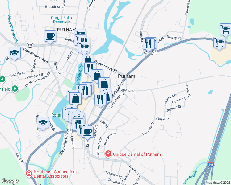 map of restaurants, bars, coffee shops, grocery stores, and more near 197 School Street in Putnam