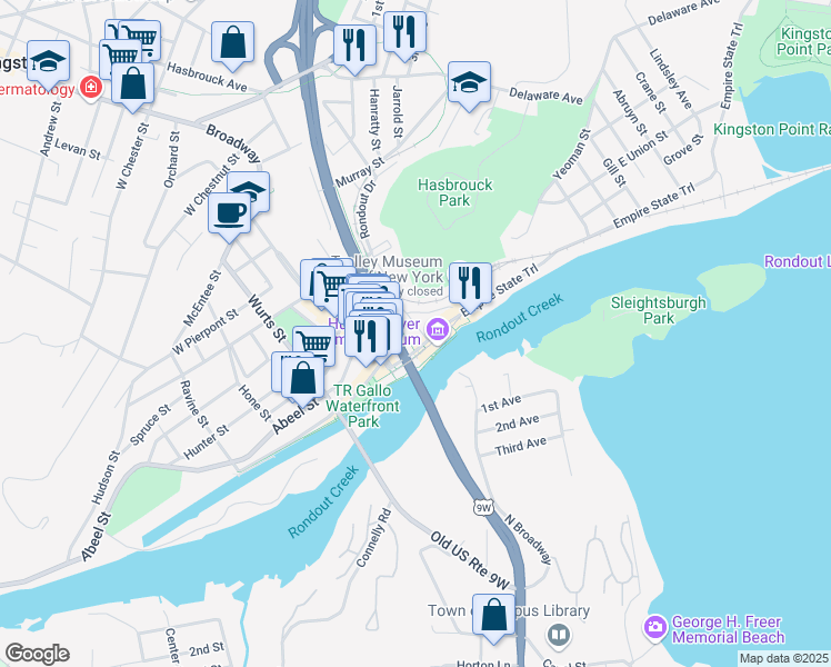 map of restaurants, bars, coffee shops, grocery stores, and more near 5 Hudson Valley Landing in Kingston