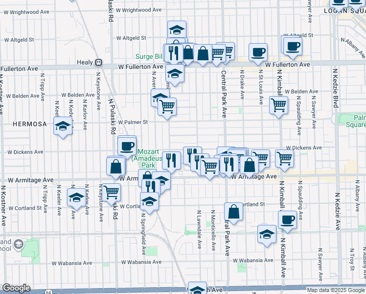 map of restaurants, bars, coffee shops, grocery stores, and more near 3713 West Dickens Avenue in Chicago