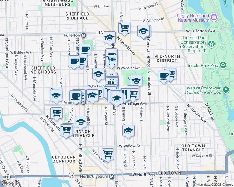 map of restaurants, bars, coffee shops, grocery stores, and more near 2026 North Burling Street in Chicago