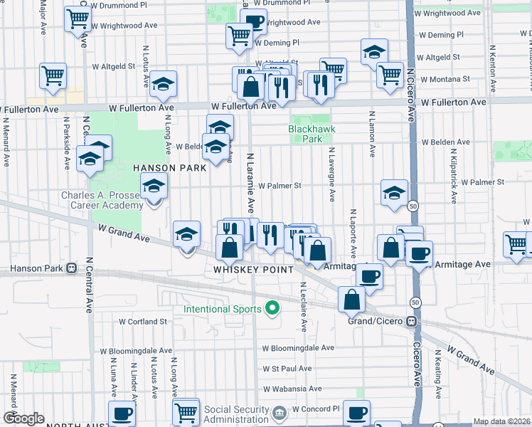 map of restaurants, bars, coffee shops, grocery stores, and more near 2109 North Leamington Avenue in Chicago