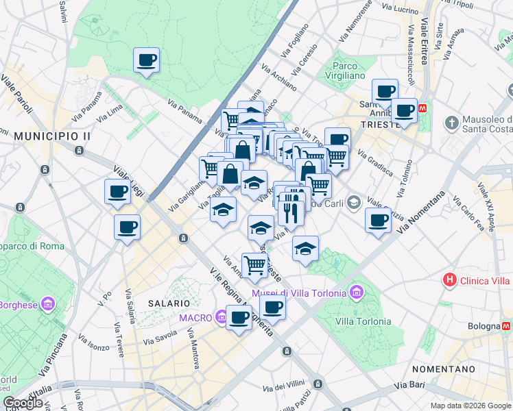map of restaurants, bars, coffee shops, grocery stores, and more near 4 Via Reno in Roma