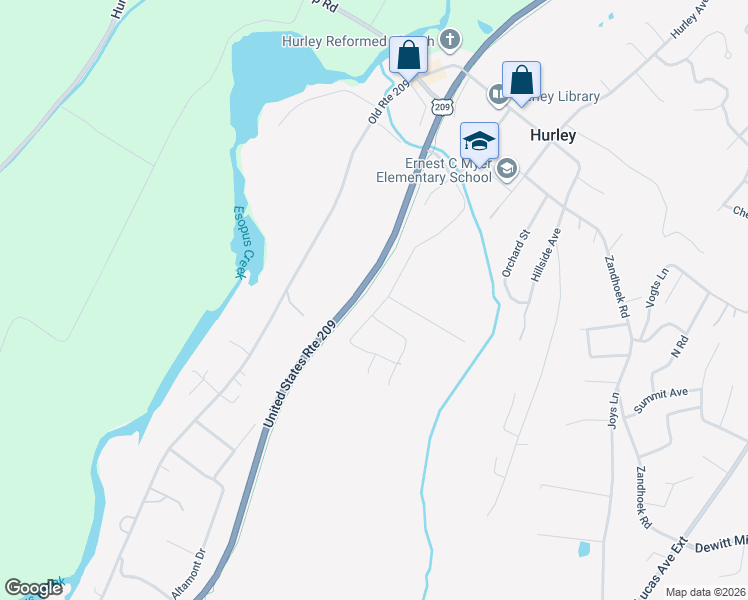 map of restaurants, bars, coffee shops, grocery stores, and more near 205 Russell Road in Hurley