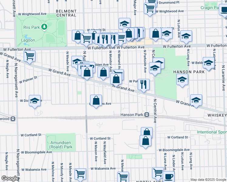 map of restaurants, bars, coffee shops, grocery stores, and more near 2134 North Menard Avenue in Chicago
