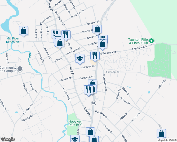 map of restaurants, bars, coffee shops, grocery stores, and more near 27R Monroe Avenue in Taunton