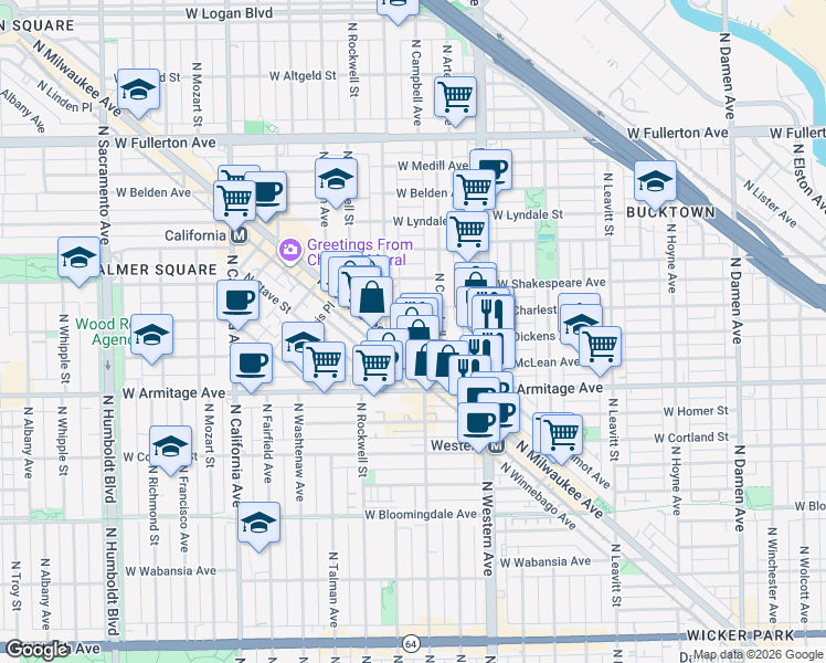 map of restaurants, bars, coffee shops, grocery stores, and more near 2047 North Milwaukee Avenue in Chicago