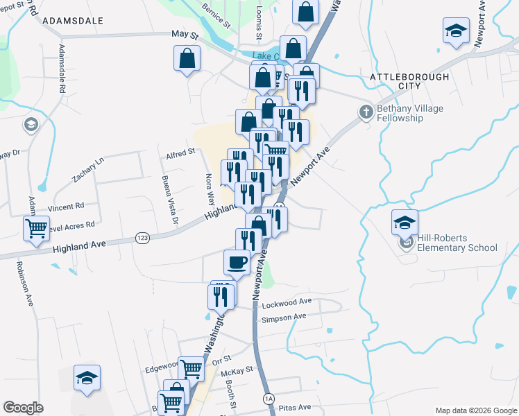 map of restaurants, bars, coffee shops, grocery stores, and more near 365 Washington Street in Attleboro