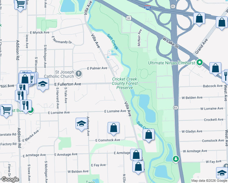 map of restaurants, bars, coffee shops, grocery stores, and more near 423 Cherry Hill Court in Addison