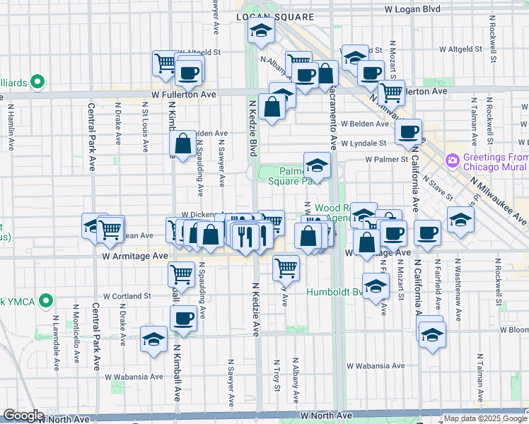 map of restaurants, bars, coffee shops, grocery stores, and more near 2065 North Kedzie Boulevard in Chicago