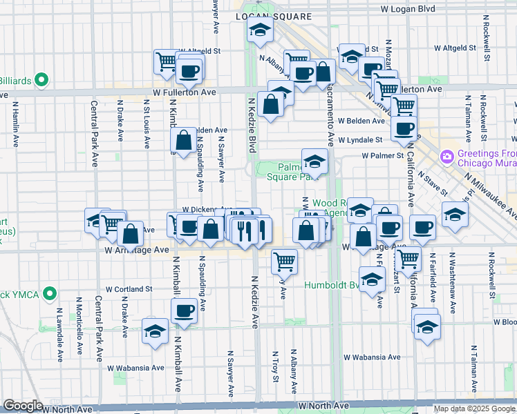 map of restaurants, bars, coffee shops, grocery stores, and more near 2065 North Kedzie Avenue in Chicago