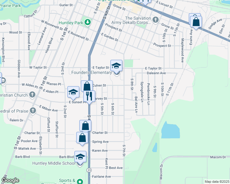 map of restaurants, bars, coffee shops, grocery stores, and more near 920 South 6th Street in DeKalb
