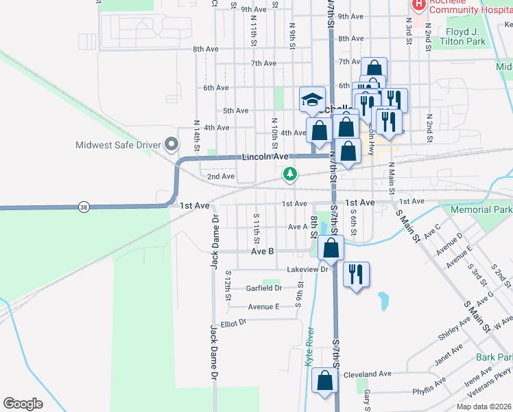 map of restaurants, bars, coffee shops, grocery stores, and more near 109 S 11th St in Rochelle