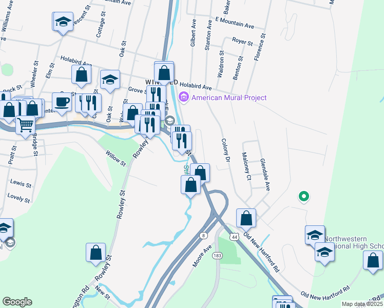 map of restaurants, bars, coffee shops, grocery stores, and more near 84 South Main Street in Winsted
