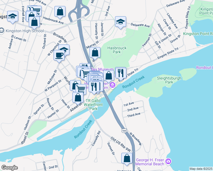 map of restaurants, bars, coffee shops, grocery stores, and more near 63 Rondout Landing in Kingston