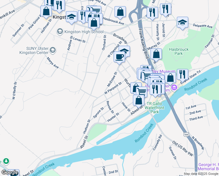 map of restaurants, bars, coffee shops, grocery stores, and more near 91b West Pierpont Street in Kingston