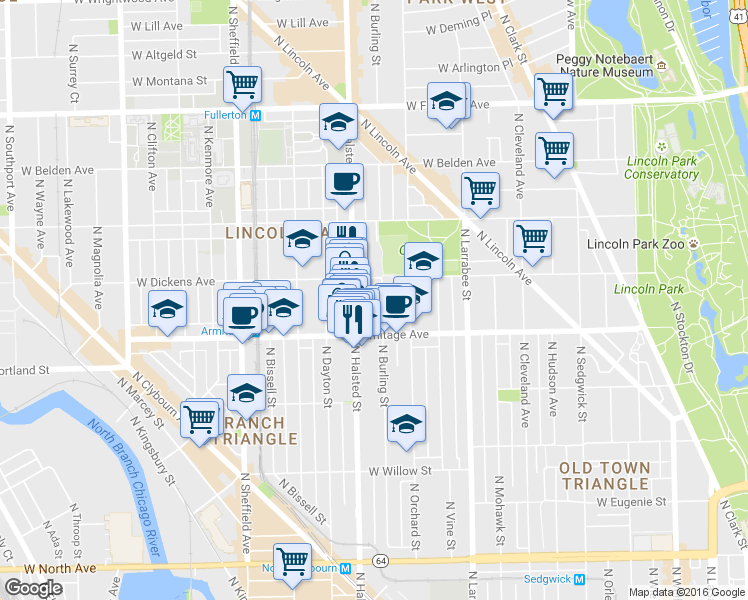 map of restaurants, bars, coffee shops, grocery stores, and more near 2026 North Burling Street in Chicago