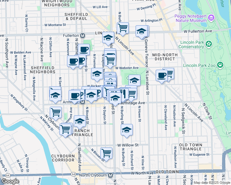 map of restaurants, bars, coffee shops, grocery stores, and more near 2026 North Burling Street in Chicago