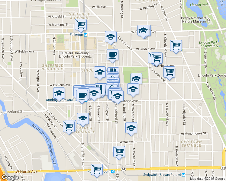 map of restaurants, bars, coffee shops, grocery stores, and more near 2023 North Dayton Street in Chicago