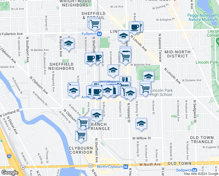 map of restaurants, bars, coffee shops, grocery stores, and more near 2024 North Fremont Street in Chicago