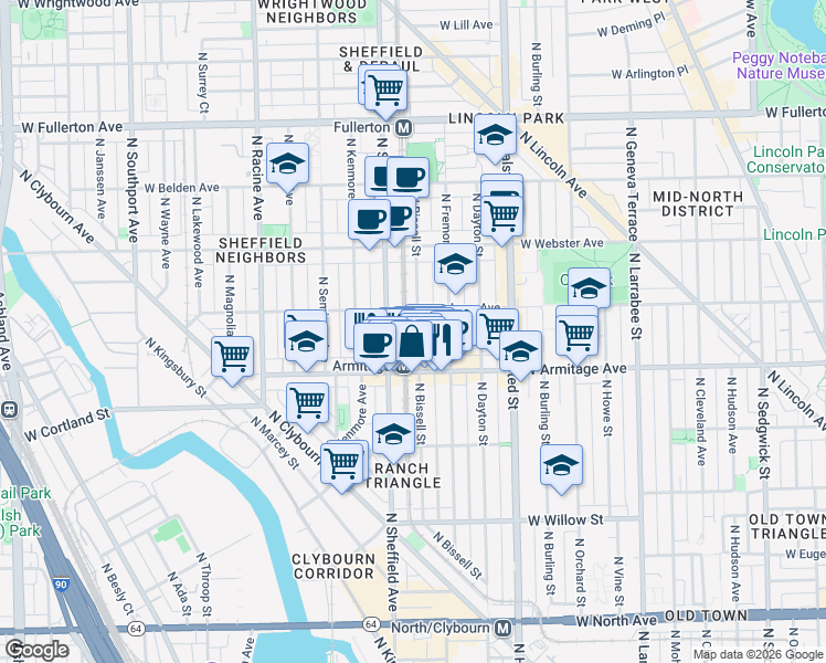 map of restaurants, bars, coffee shops, grocery stores, and more near 2028 North Bissell Street in Chicago