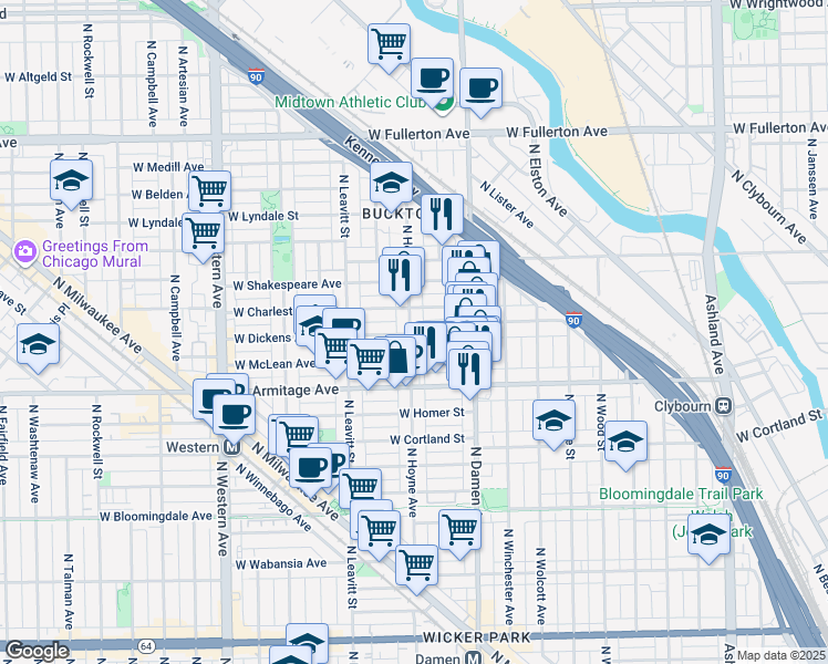 map of restaurants, bars, coffee shops, grocery stores, and more near 2049 West Dickens Avenue in Chicago