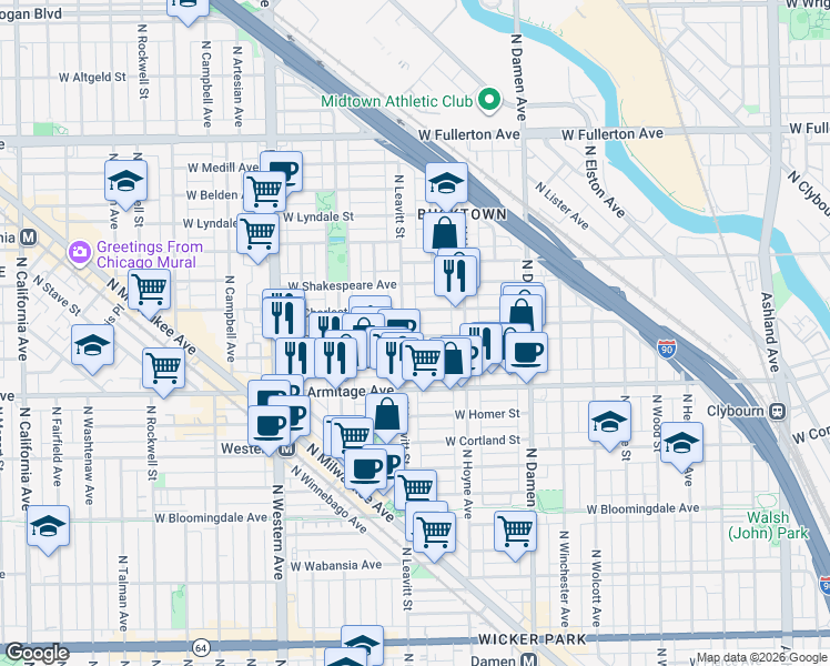 map of restaurants, bars, coffee shops, grocery stores, and more near 2049 North Leavitt Street in Chicago