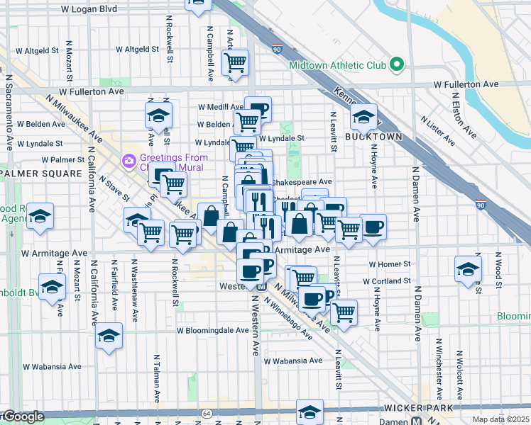 map of restaurants, bars, coffee shops, grocery stores, and more near 2067 North Western Avenue in Chicago