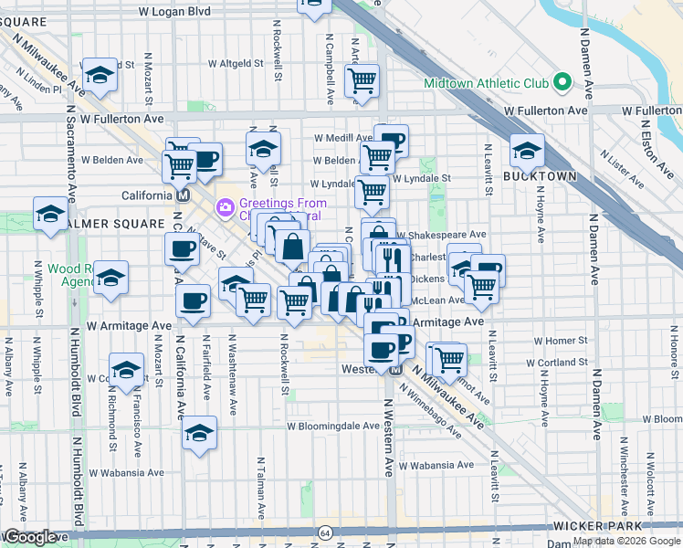 map of restaurants, bars, coffee shops, grocery stores, and more near 2047 North Milwaukee Avenue in Chicago