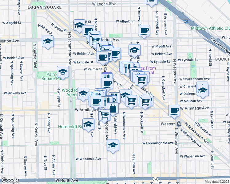 map of restaurants, bars, coffee shops, grocery stores, and more near 2123 North Point Street in Chicago