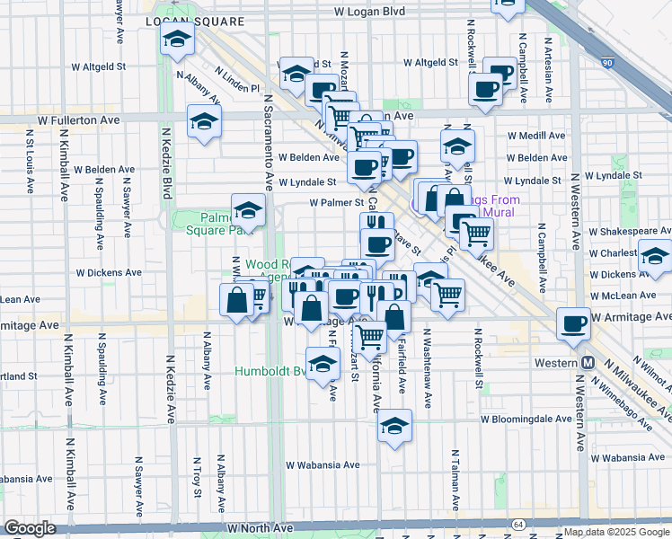 map of restaurants, bars, coffee shops, grocery stores, and more near 2840 West McLean Avenue in Chicago