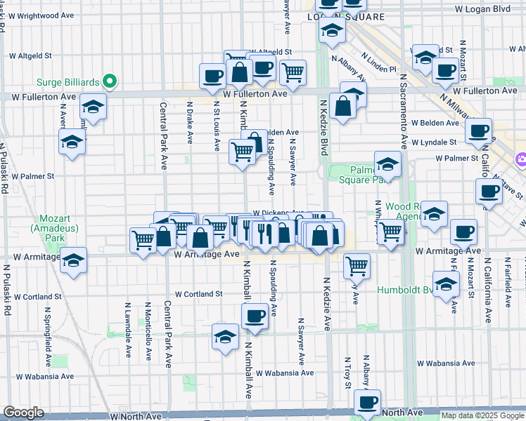 map of restaurants, bars, coffee shops, grocery stores, and more near 3315 West Dickens Avenue in Chicago