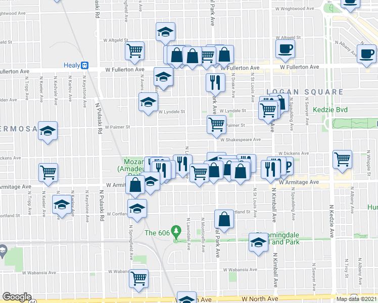 map of restaurants, bars, coffee shops, grocery stores, and more near 3645 West Dickens Avenue in Chicago