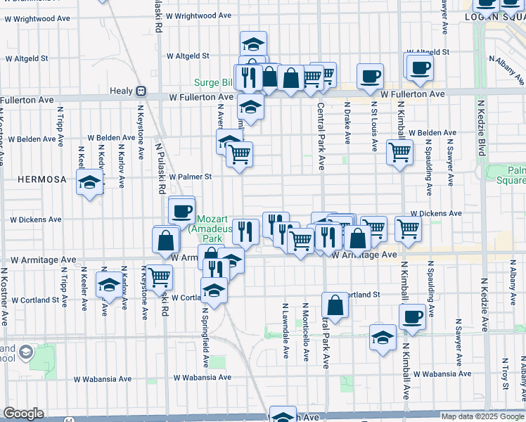 map of restaurants, bars, coffee shops, grocery stores, and more near 3713 West Dickens Avenue in Chicago