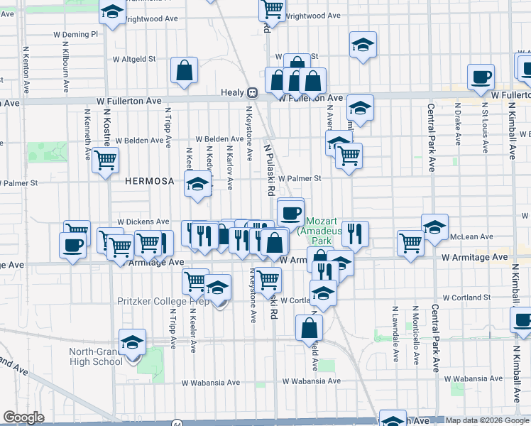map of restaurants, bars, coffee shops, grocery stores, and more near 2101 North Keystone Avenue in Chicago